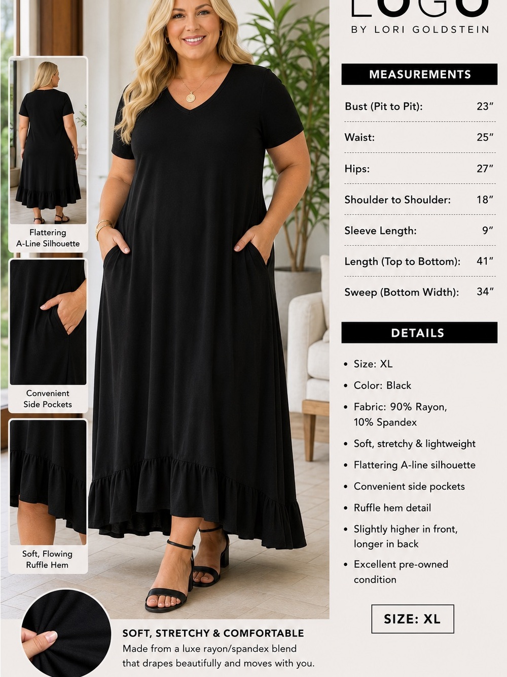 LOGO by Lori Goldstein Black V-Neck Ruffle-Hem Maxi Dress with Pockets